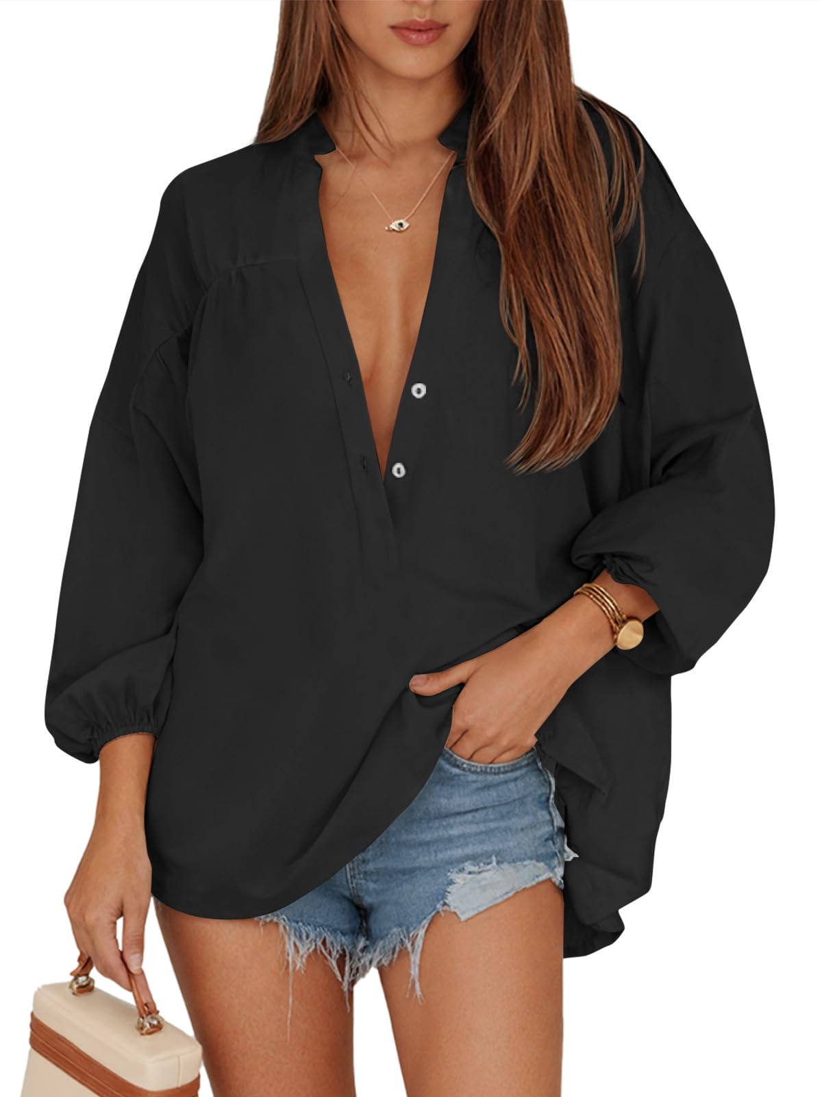 Womens V Neck Button Down Shirts 3/4 Length Sleeve Blouses Casual High Low Hem Tunics Loose Fit Tops