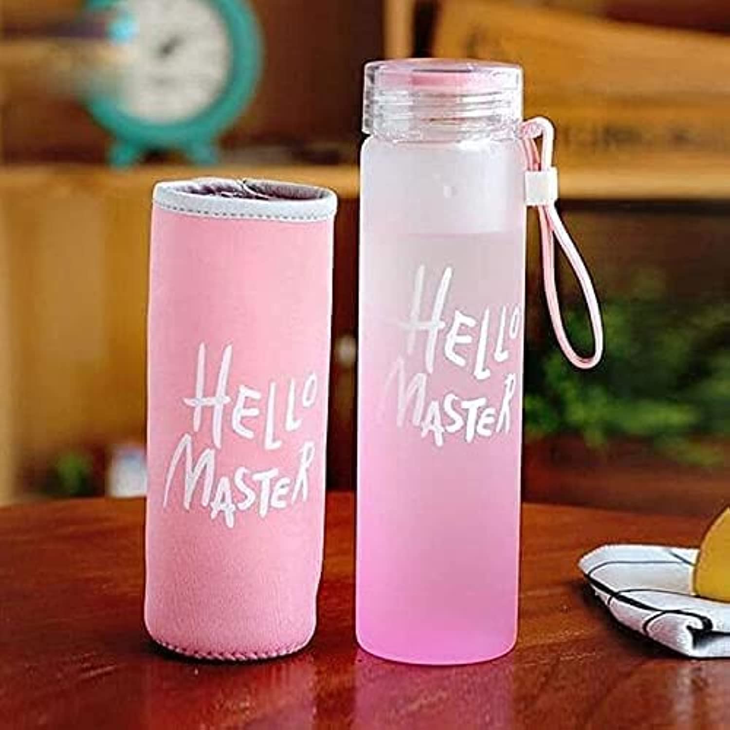 miRim Hello Master Glass Water Bottle with Cover for School/College/Office (500 ml) - 1 Piece (Pink)