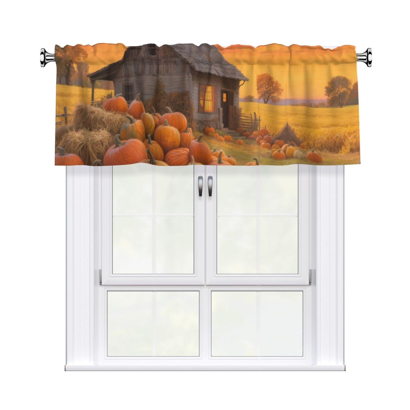 FekiLoot Farmhouse Pumpkin Curtain Valance for Windows, Kitchen Window Valances Rod Pocket Window Treatments Short Curtains Drapes for Bathroom Bedroom Cafe Decor 54x18inch 1 Panel