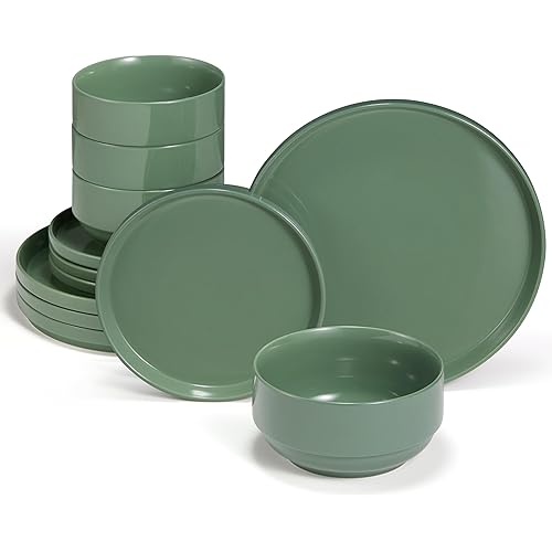 Ceramic Dinnerware Set, 12-Piece Service for 4, Round, Microwave and Dishwasher Safe, Cambridge Classics (Dusty Jade)