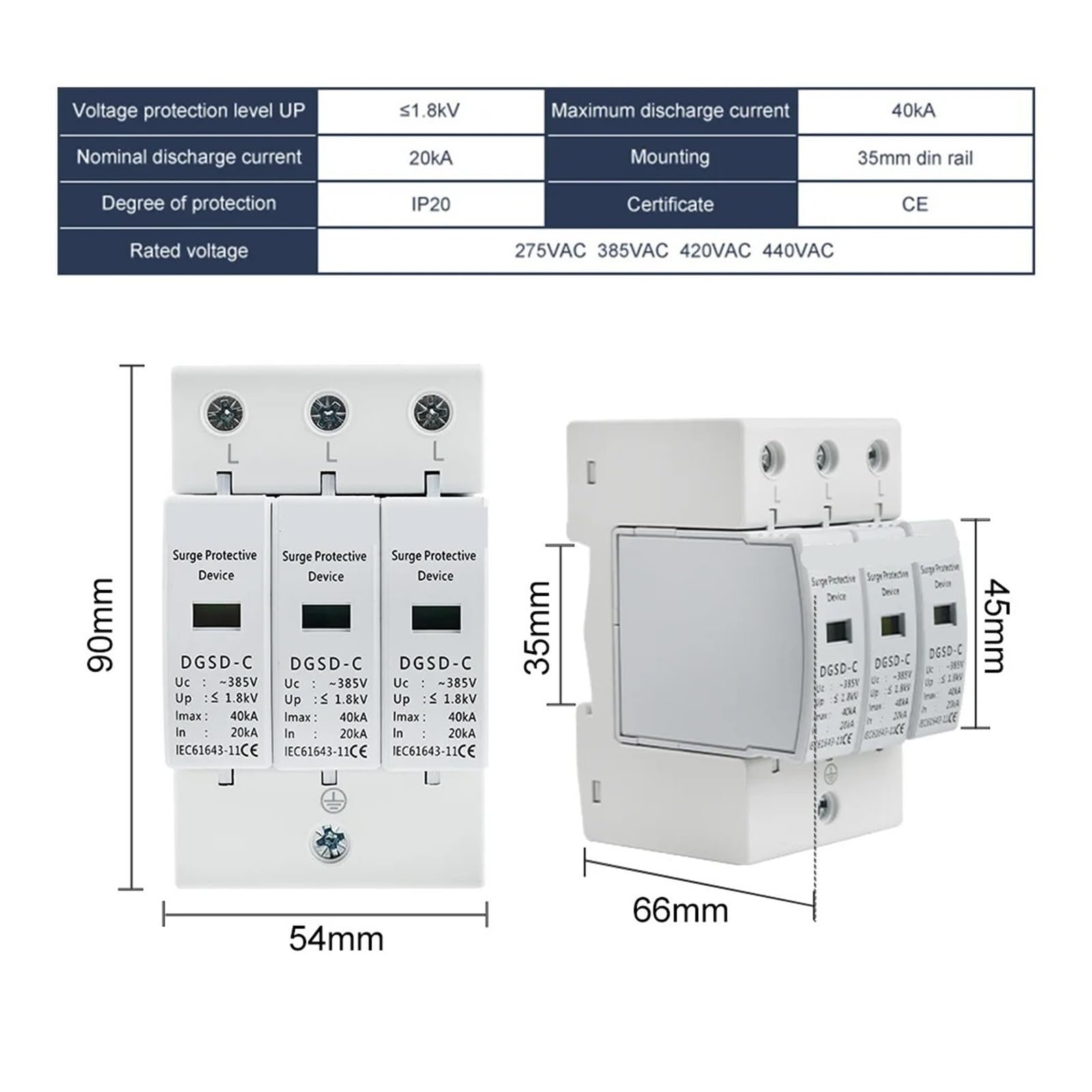 AC SPD 3P House Lightning Surge Protector 10-20KA 20-40KA 30-60KA 385V 2P+N Solar PV Protective Low-voltage Arrester Device(20-40KA)