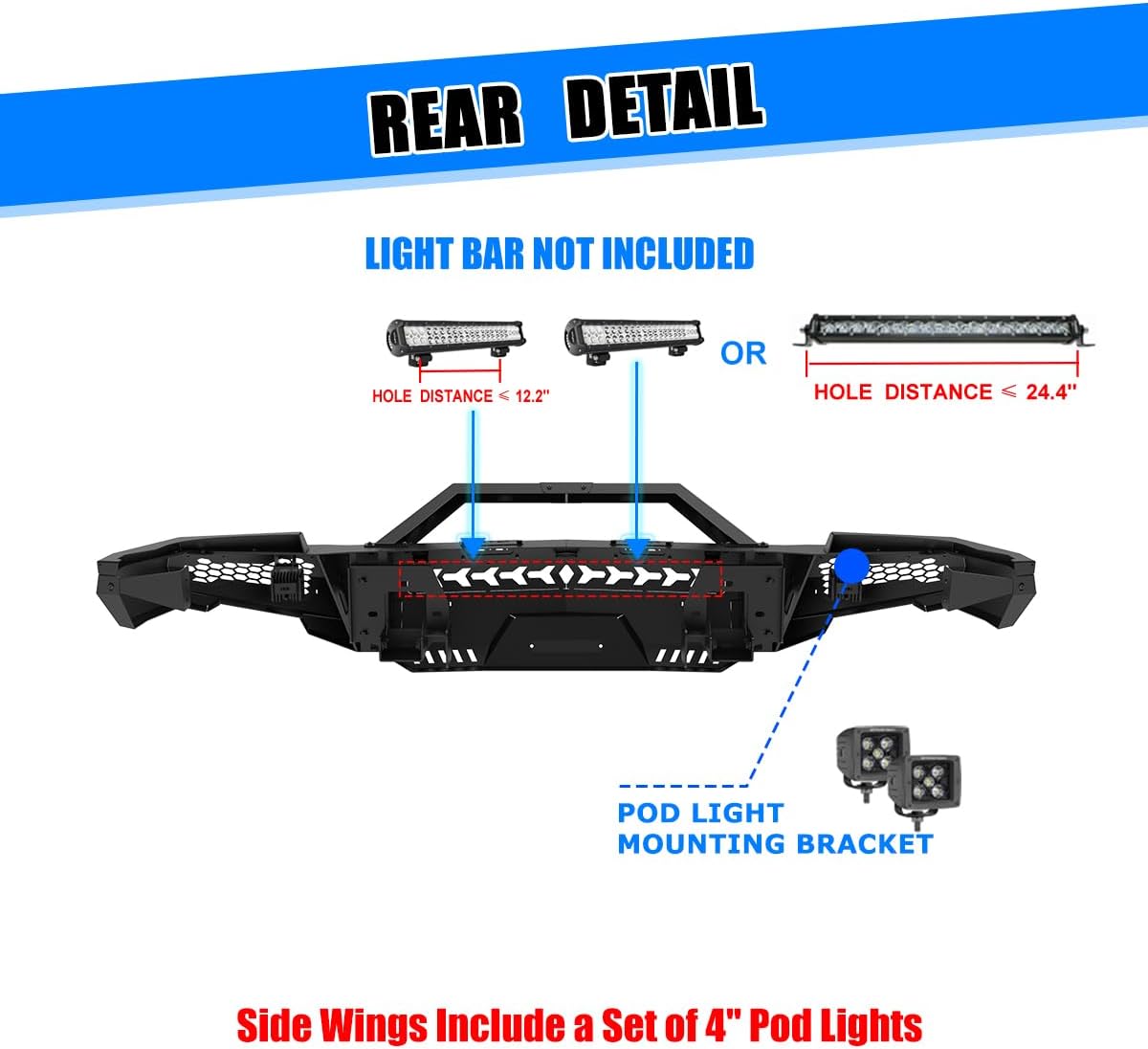 CPW Front Bumper Fit For 2014 2015 Chevy Silverado 1500, Modular Steel Mid-Width Front Bumper & Side Wings & Bull Bar w/D-Ring Shackles & 4'' Pod Lights & Light Bar/Pod Light Mounting Bracket