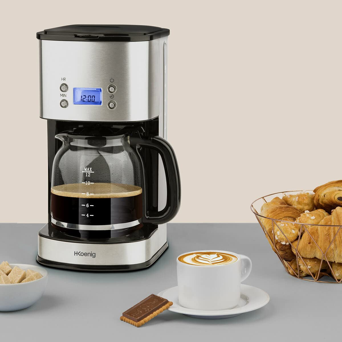 H.Koenig MG30 Macchina per Caffe americano programmabile con timer. Filtro in acciaio inossidabile, 1,5L (12 tazze), caraffa in vetro graduato, 1000W, sistema antigoccia, spegnimento automatico, Argento