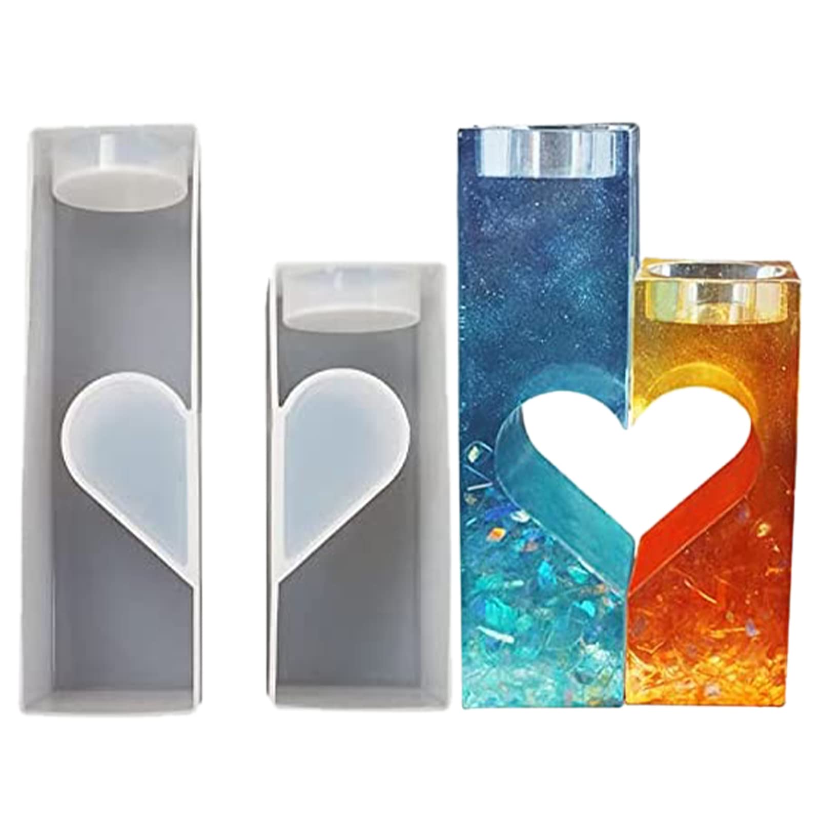 LQKYWNA 2 Pcs Heart Shape & Rectangle Candle Holders Resin Mold, DIY Handcraft Candle Holder Silicone Molds for Couples, Valentine's Day, Home Decor, Clear, White