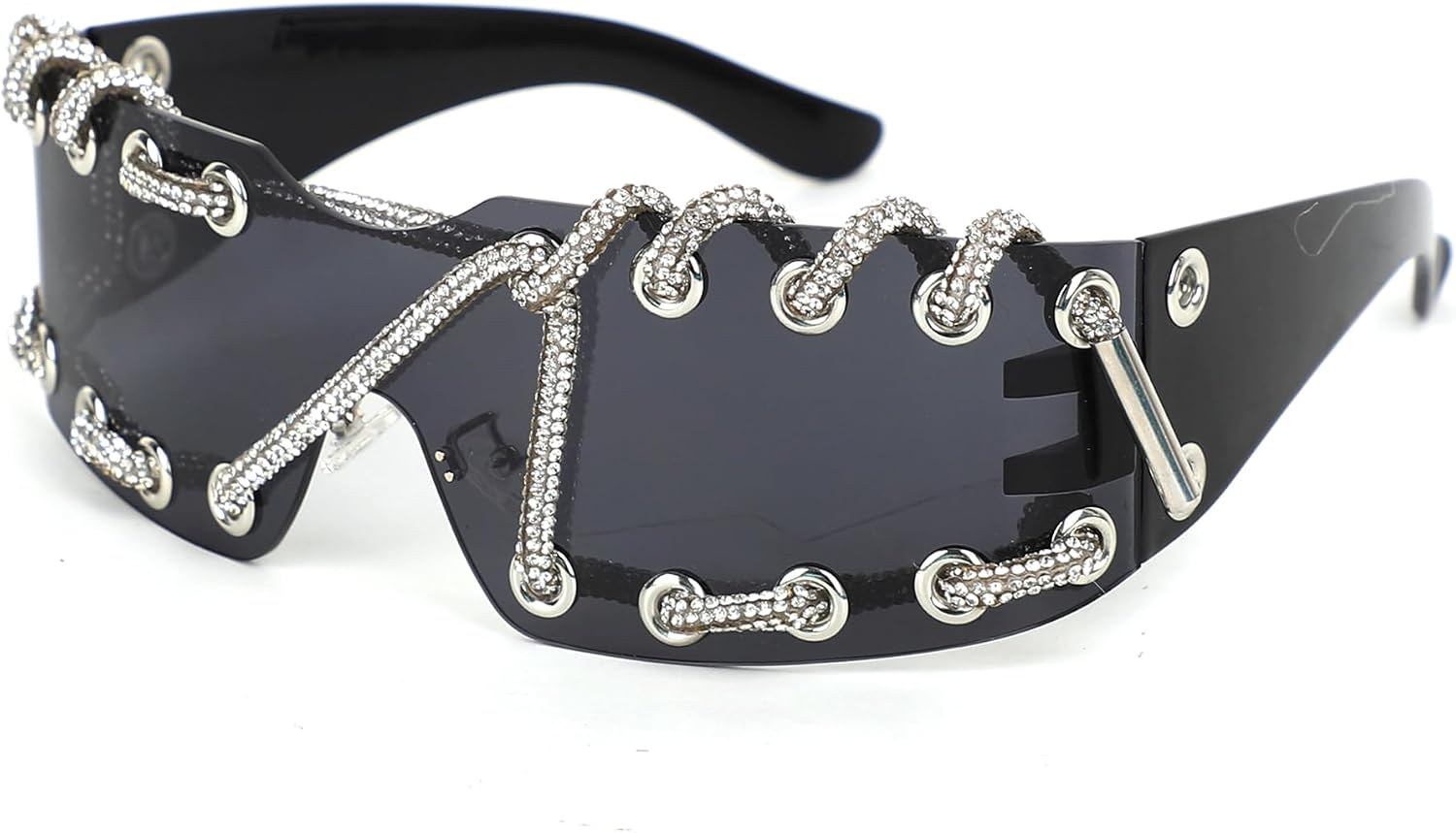 Y2K Rhinestone Lace-Up Wrap Around Glasses Unisex Men Women Futuristic Sunglasses Eyewear for Punk Rave Party