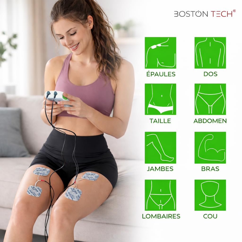 Boston Tech® Stimulateur musculaire 3 en 1 avec fonctions TENS/EMS/massage | 2 canaux, 36 programmes à intensité réglable, 4 électrodes. Soulage, réhabilite et renforce les muscles. Piles incluses.