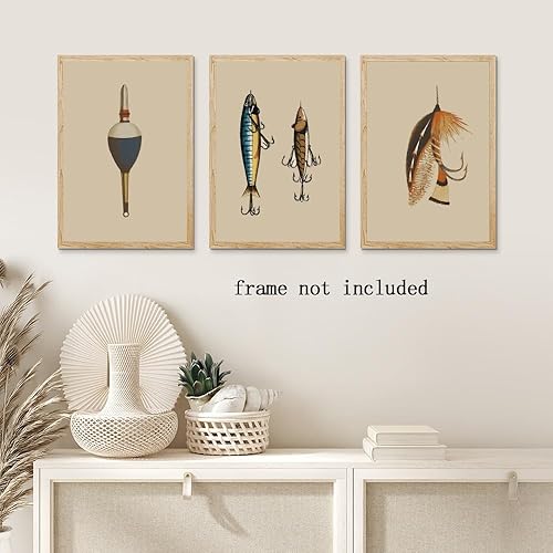 Miniatura 5 de Juego de 3 piezas de arte de pared de pesca vintage, con mosca y gancho, impresiones de equipo de pesca retro, carteles de pesca antiguos, cueva de
