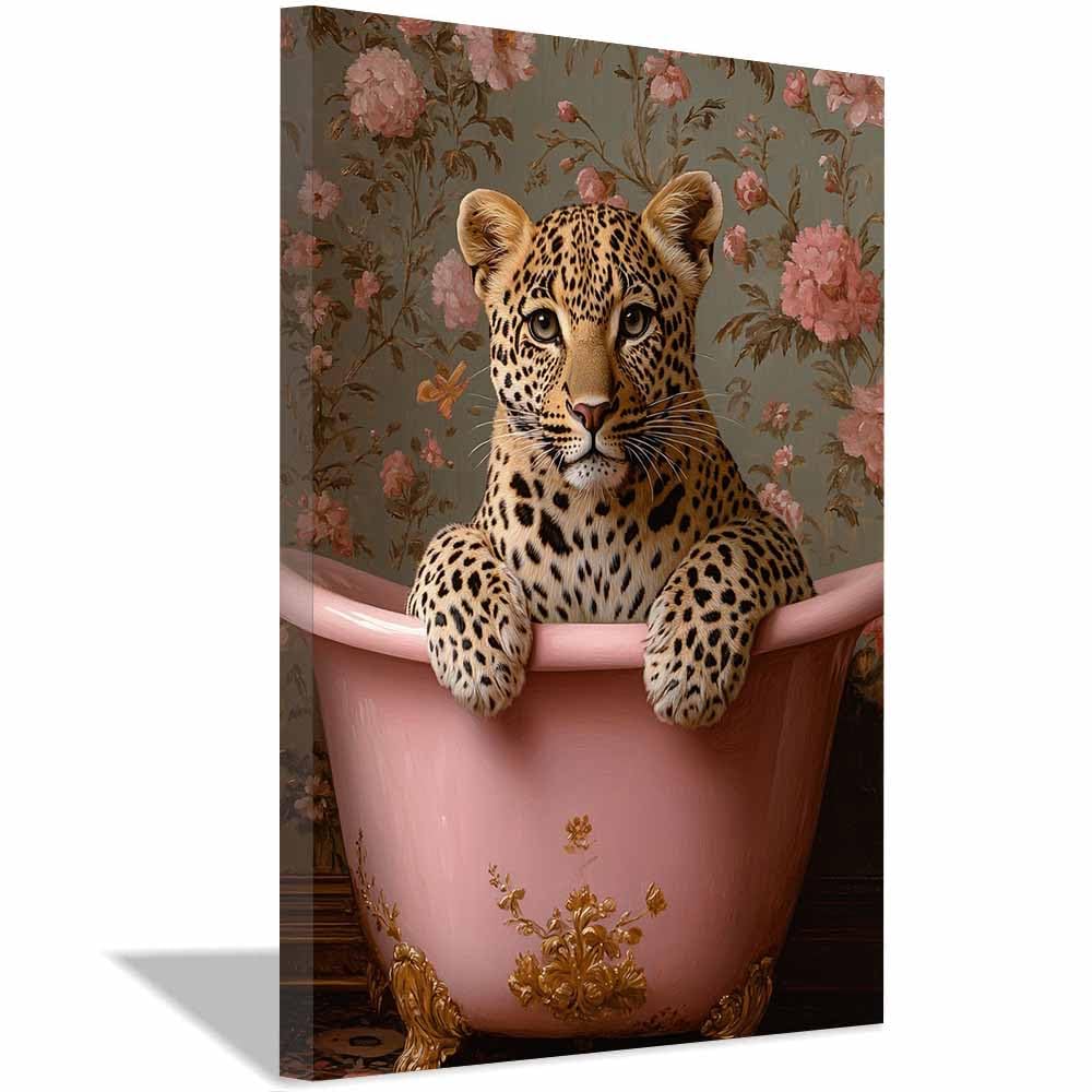 AMXBZC cuadros de animales para habitación infantil Bañera Flor de leopardo Moderno Pared Arte Cartel para Sala de Estar decoración del hogar baño cuadros（Rosado-40x60cm Enmarcado
