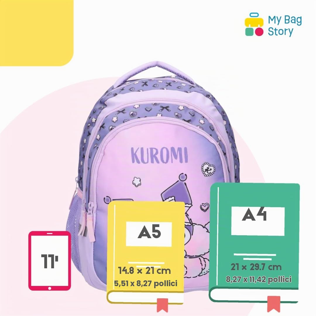mybagstory Zaino Kuromi Viola Ufficiale Sanrio | Zaino scolastico grande capacità per la scuola elementare | Zaino Kawaii leggero e resistente | Idea regalo per rientrare e tempo libero da 5 anni