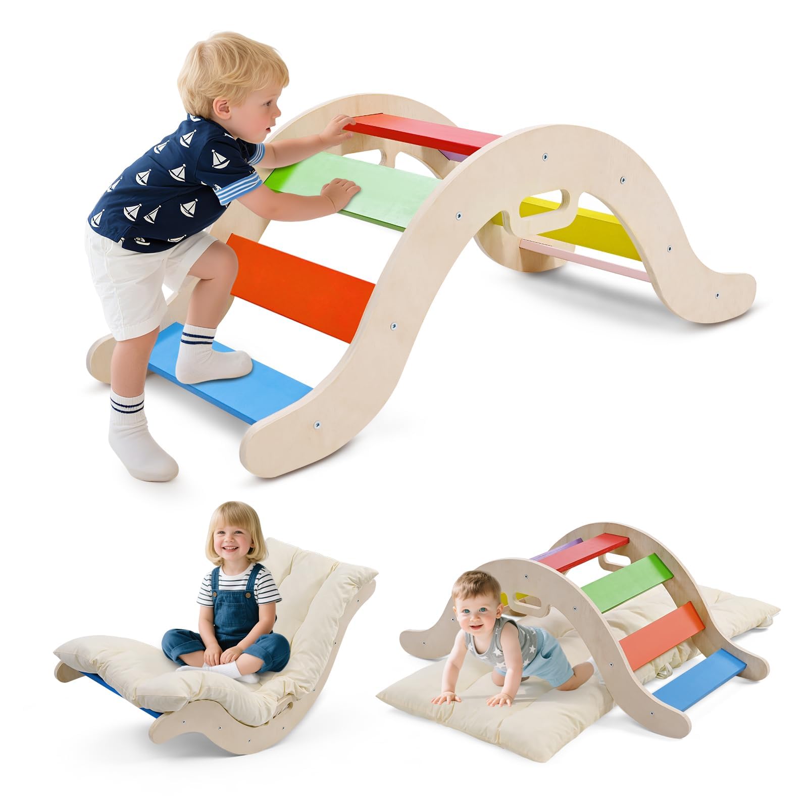 2-in-1 Toddler Climbing Frame with Armrests, Wooden Arch Climber Ladder with Cushion, Natural Wood, Non-Slip Foot Mat, Pole Reinforcements, Baby Climbing Arch for 1-6 Years (Wave-w/armrest-rainbow)