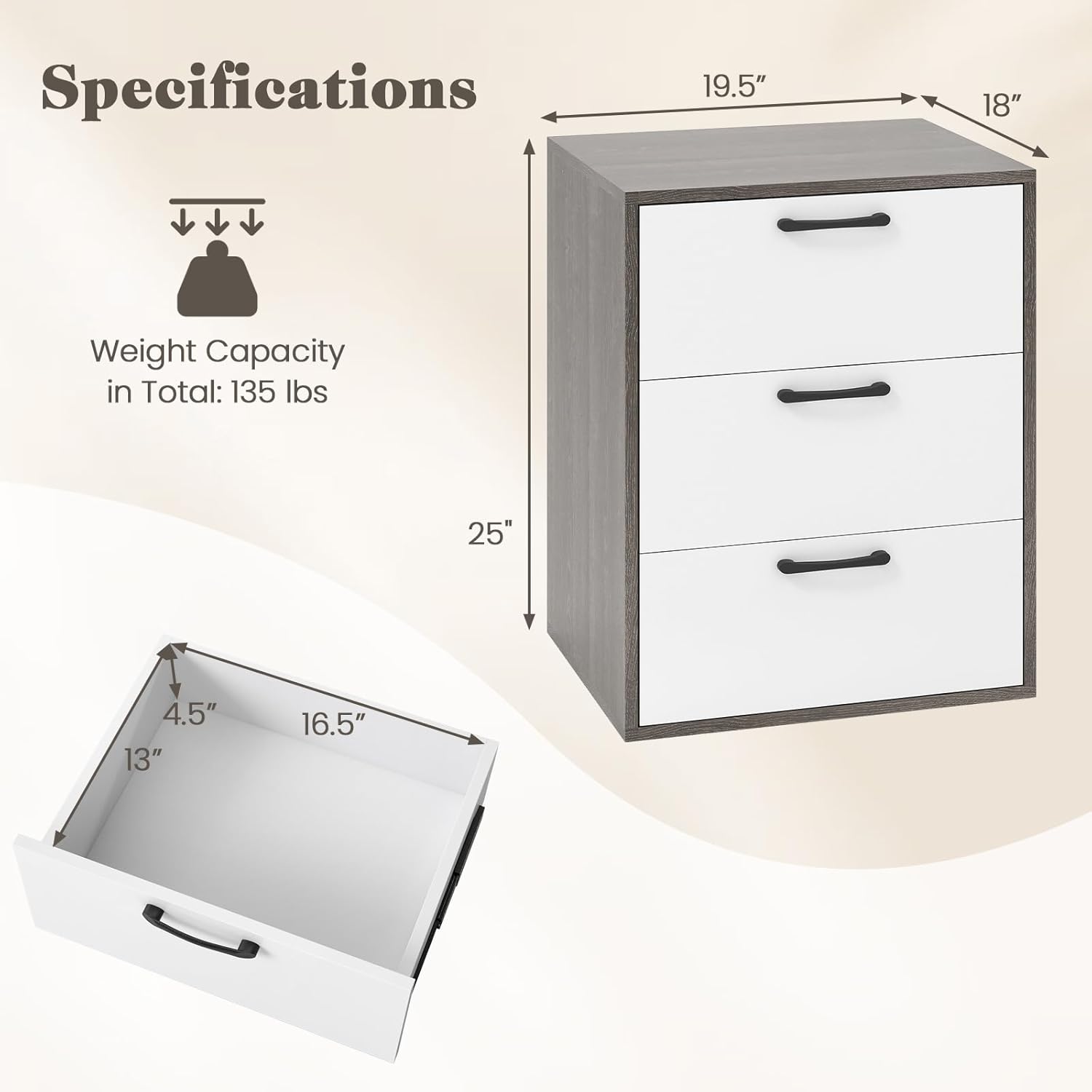 LOKO 3 Drawer Dresser, Modern Dressers & Chests of Drawers, Floor Storage Organizer with 3 Large Drawers, White Wooden Dresser for Bedroom, 19.5 x 18 x 25Inches