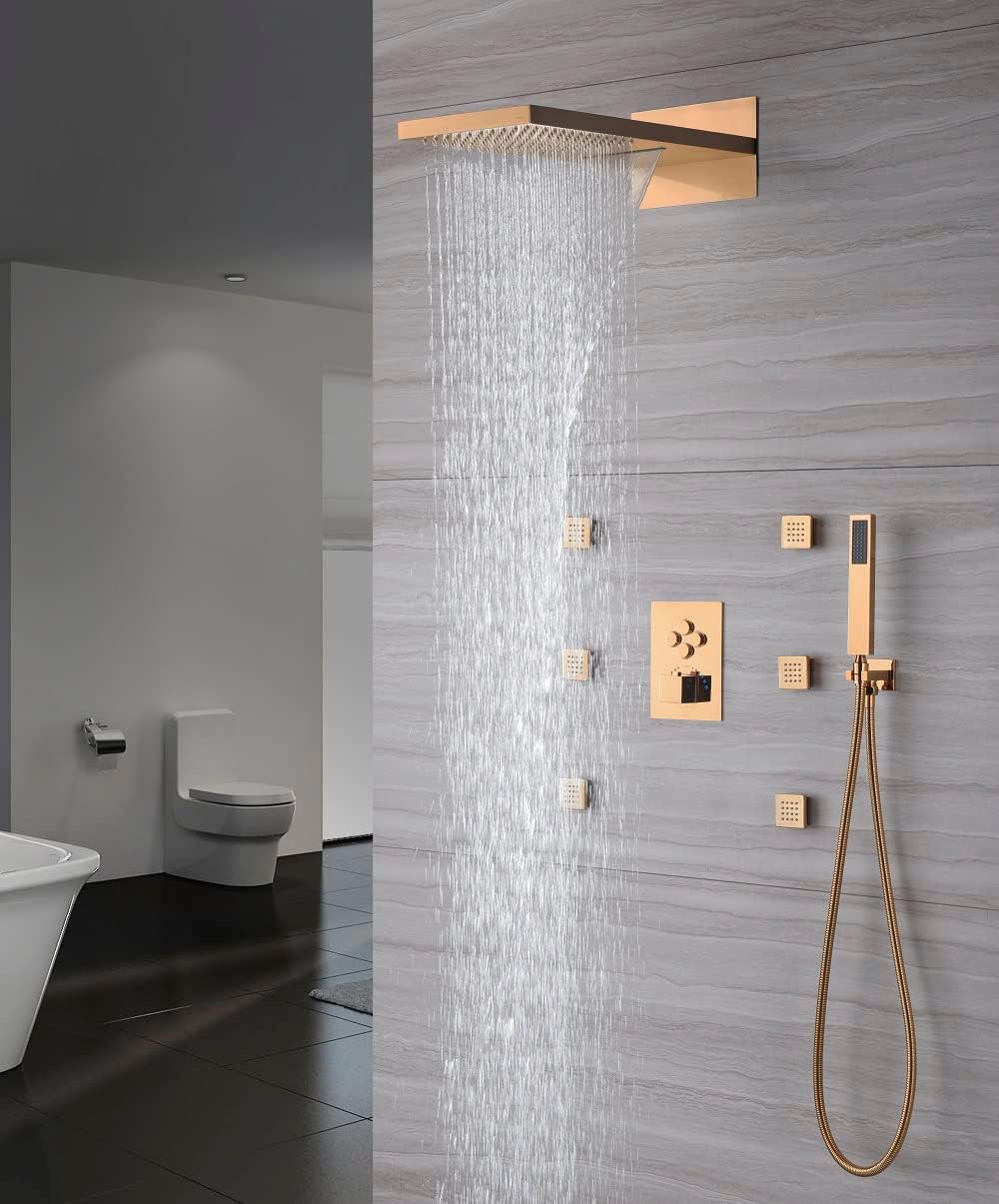 Cascada 9"x22” Rectangular Shower System with Single Handle & 4 Push Buttons, 4 Functions (Rainfall, Waterfall, Body jets & Handheld) (Brushed Nickel)