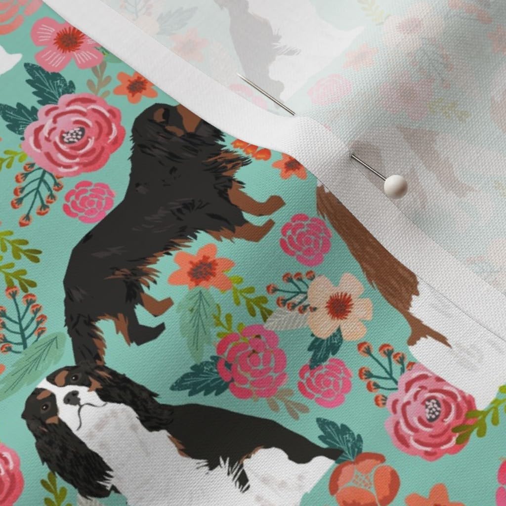 Spoonflower Fabric - Floral Spaniels Cavalier King Charles Painted Aqua Pink Mint Roses Printed on Petal Signature Cotton Fabric by The Yard - Sewing Quilting Apparel Crafts Decor