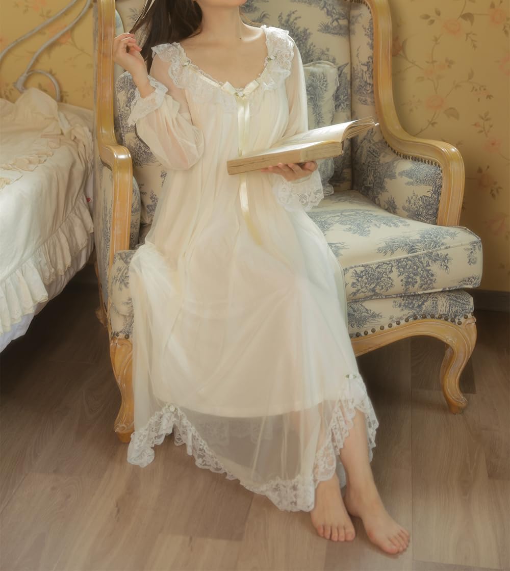 Womens Vintage Nightgown Princess Sleepwear Chemises Mesh Long Sleeve Lounger Pajamas Nightdress - Image 4