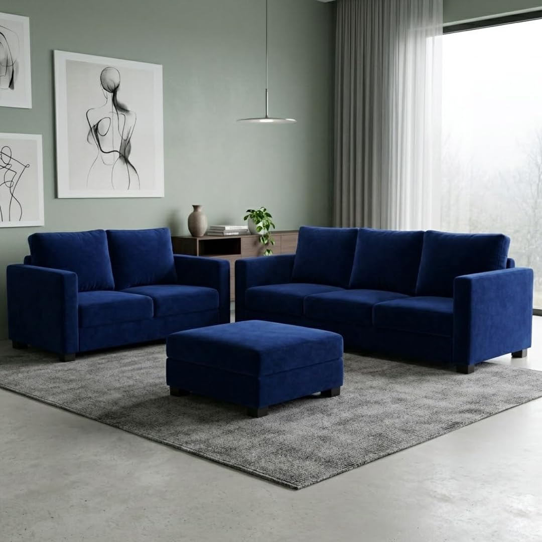 FURNY Haster 3 Seater + 2 Seater Fabric Sofa Set with 1 Ottoman (Dark Blue) with Velvet Finish | Durable Comfort | Ideal for Living Room