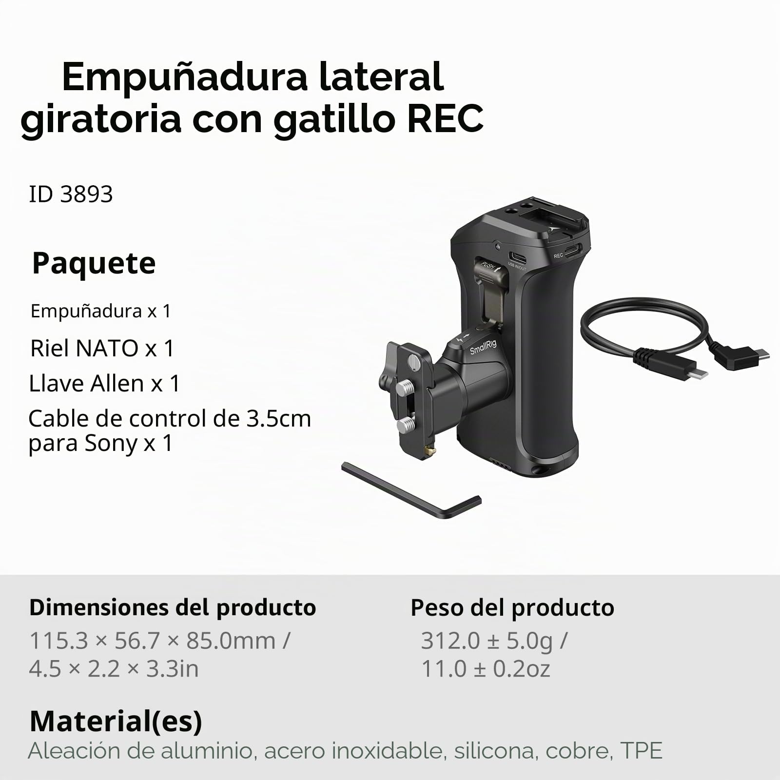SmallRig Mango lateral giratorio con gatillo REC para cámaras Sony Selected Mirrorless para Sony Alpha 7 IV/Alpha 7R V / A7 III / FX3 / Alpha 9, compatible con batería F550/570, control de obturador