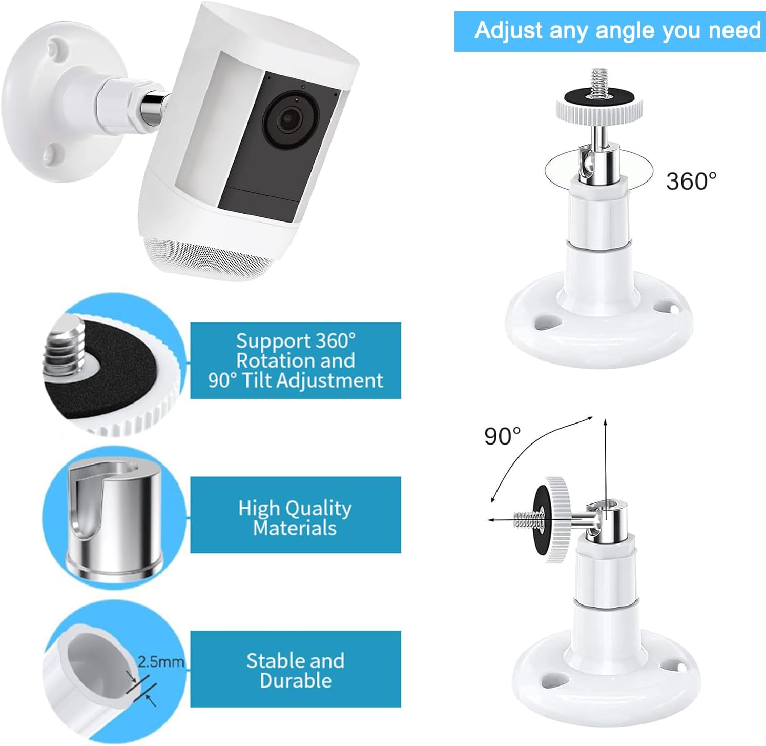 No Drill Wall Ceiling Mount for R ING Spotlight Camera Plus/Pro (Battery) and Stick Up Cam/Pro (Battery), 360 Degree Swivel Mounting Bracket for Indoor and Outdoor Home Security - White (2 Pack)