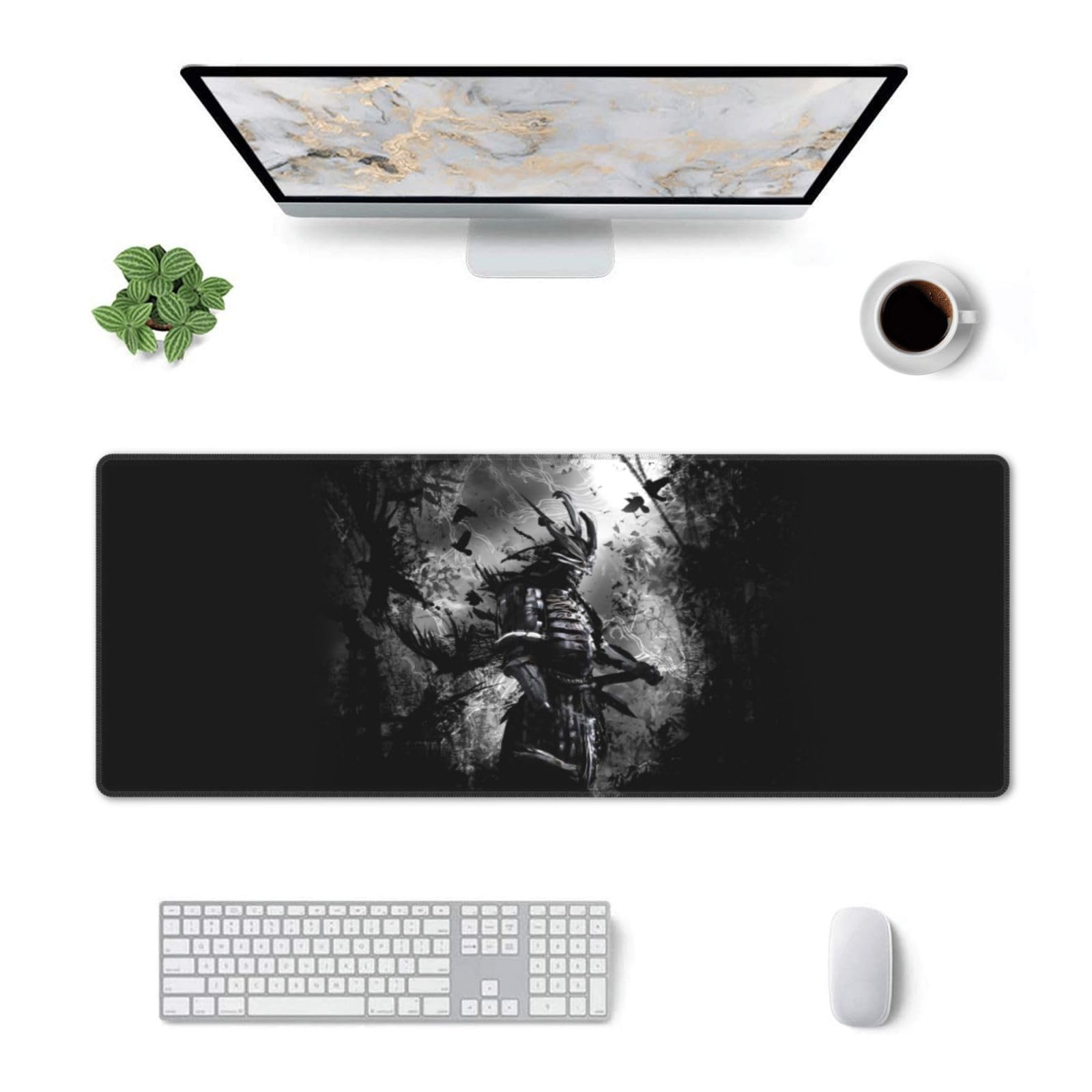 Japanse Samurai Cool Anime Zwarte Muismat 11,8 x 31,5 inch Bureauaccessoires Grote Uitgebreide Antislip Rubberen Basis Muismat met Gestikte Randen Gaming PC Desktop Grote Muismat