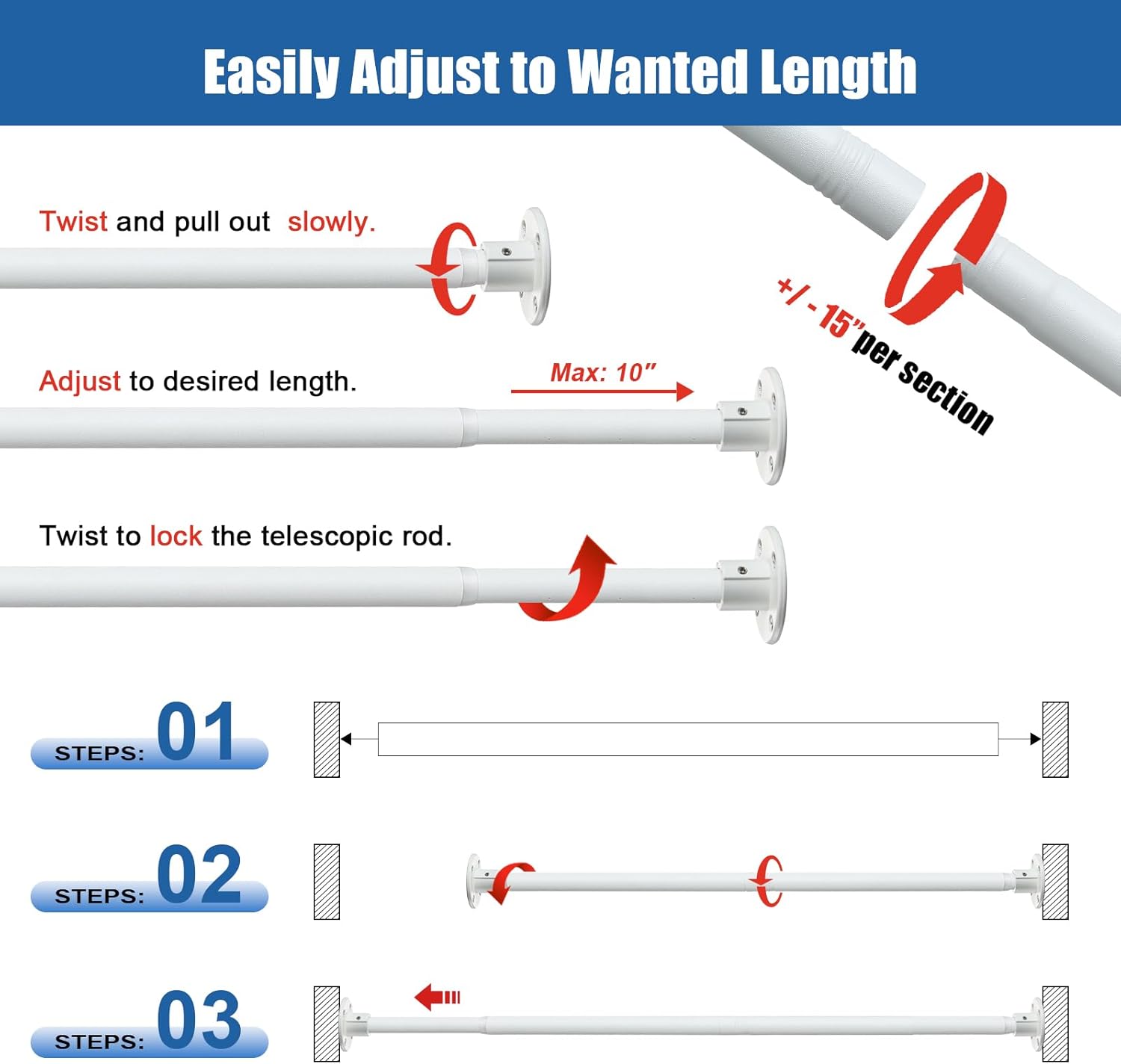 Adjustable Shower Curtain Rod, 28 to 76" Heavy Duty Shower Rod for Closet Rods, Doorway, Balcony and Laundry Room, Shower Curtain Pole White