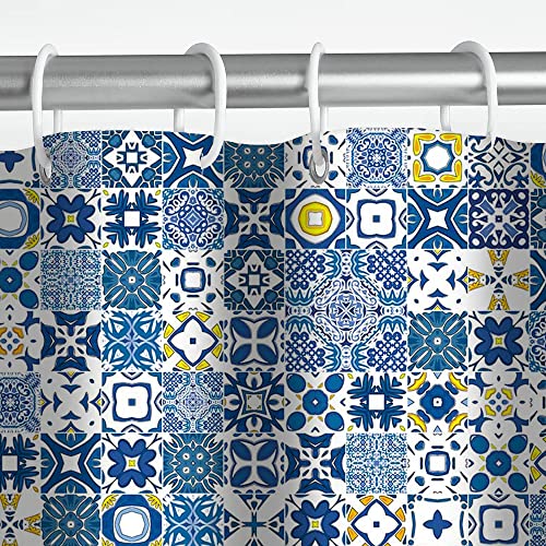 Mehofond Blue And Yellow Tiles Shower Curtain Modern Retro Textures Morocco Mosaic Portuguese Mediterranean Shower Curtain For Bathroom Decorations Bathtub Set With Hooks 72X72In #TOP4