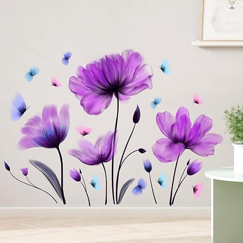 RW-1500 Calcomanías creativas de pared de tulipanes morados, tulipanes gigantes, mariposas, calcomanías de pared, bricolaje, acuarela, plantas
