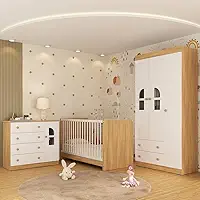 Quarto de Bebê Completo com Berço 3 em 1 para Colchão 130x60cm Amora Multimóveis Mp4557 Madeirado/branco