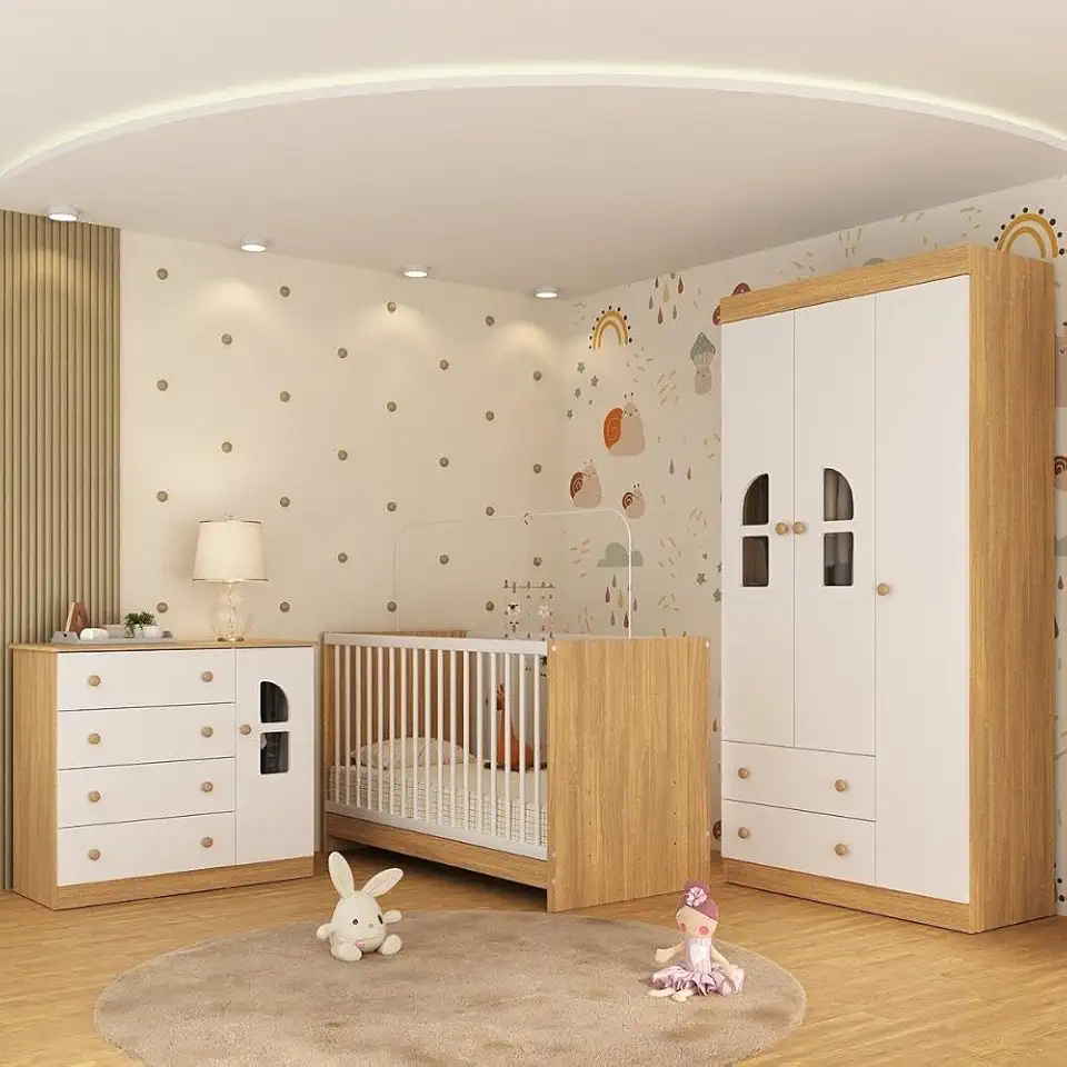 Quarto de Bebê Completo com Berço 3 em 1 para Colchão 130x60cm Amora Multimóveis Mp4557 Madeirado/branco