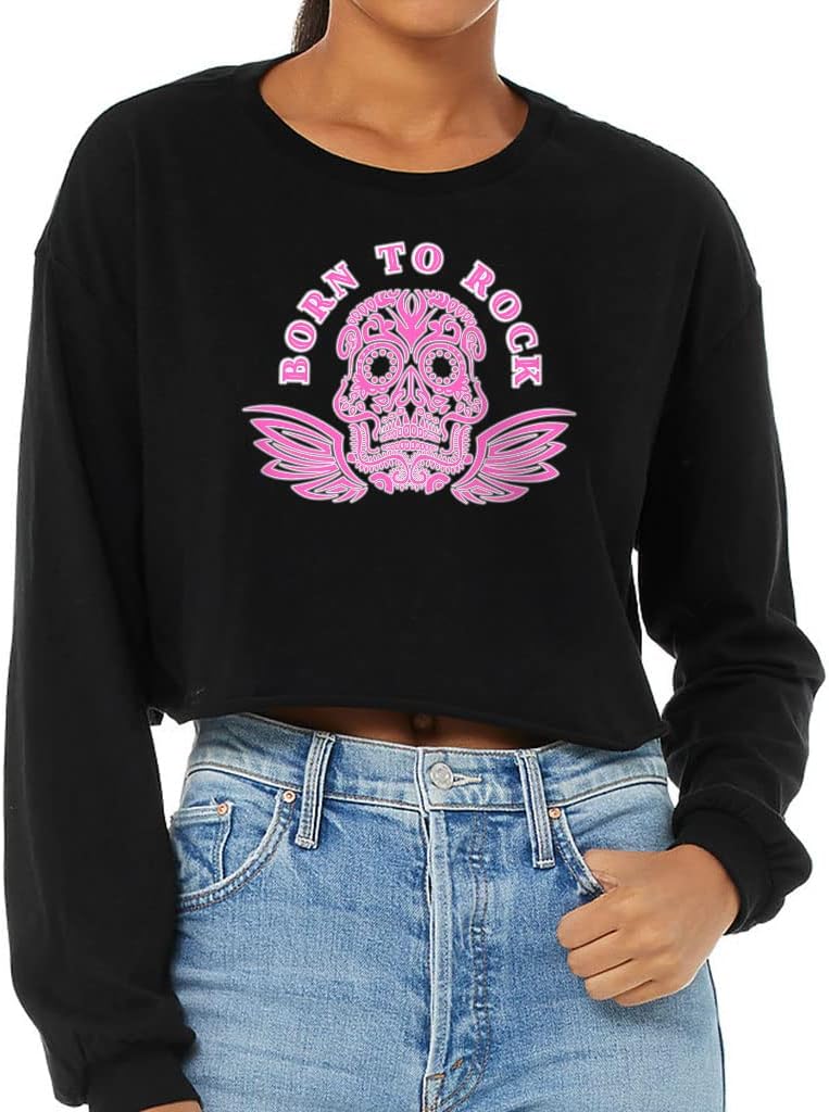 Born to Rock Cropped Long Sleeve T-Shirt - Skull Women's T-Shirt - Cool Design Long Sleeve Tee