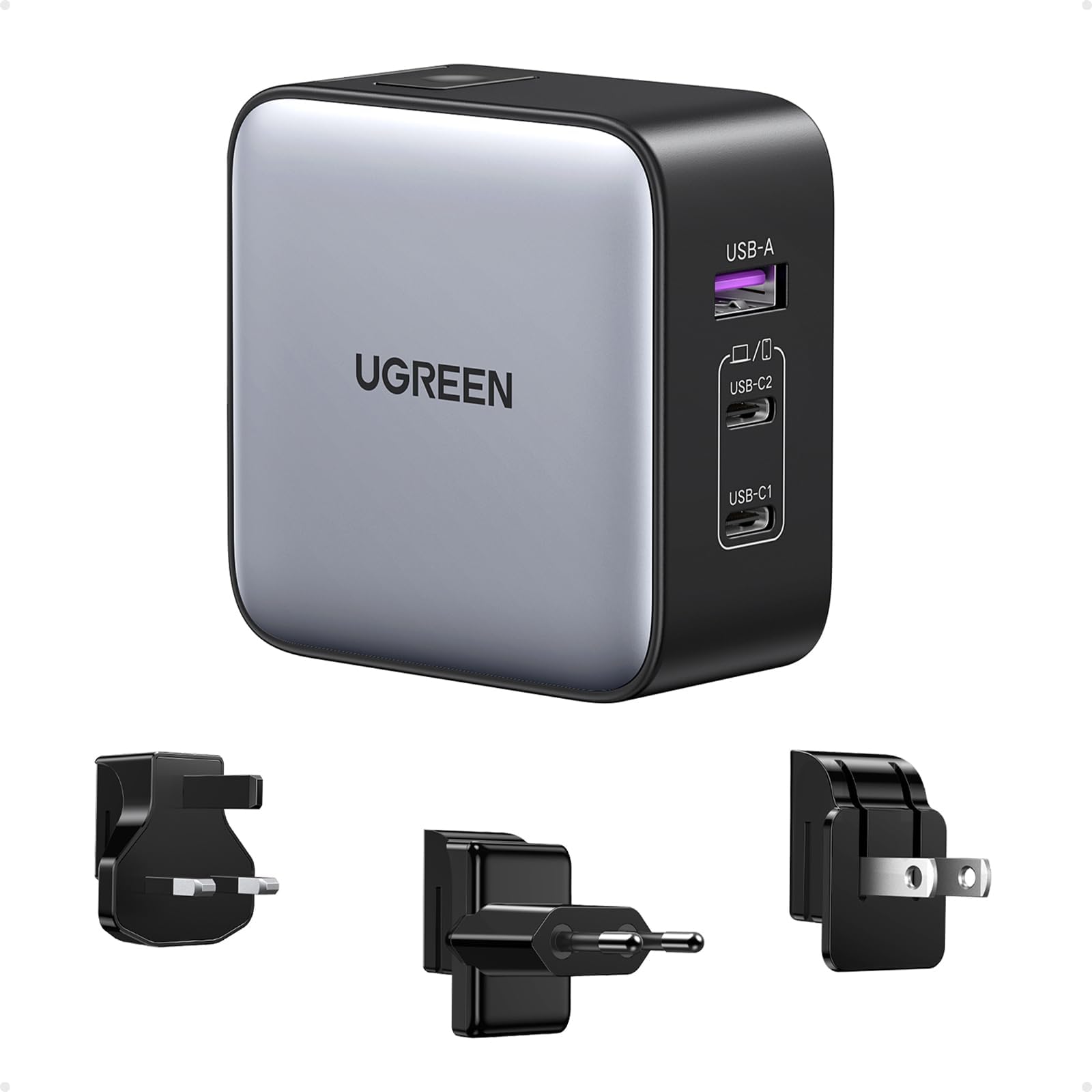 65W Universal Travel Adapter Type C Charger with US/UK/EU Plug, 3-Port Nexode GaN USB-C Wall Fast Charge Compatible for MacBook Air, HP, Dell, Lenovo,iPhone 17 Pro Max,iPad, Galaxy Tab