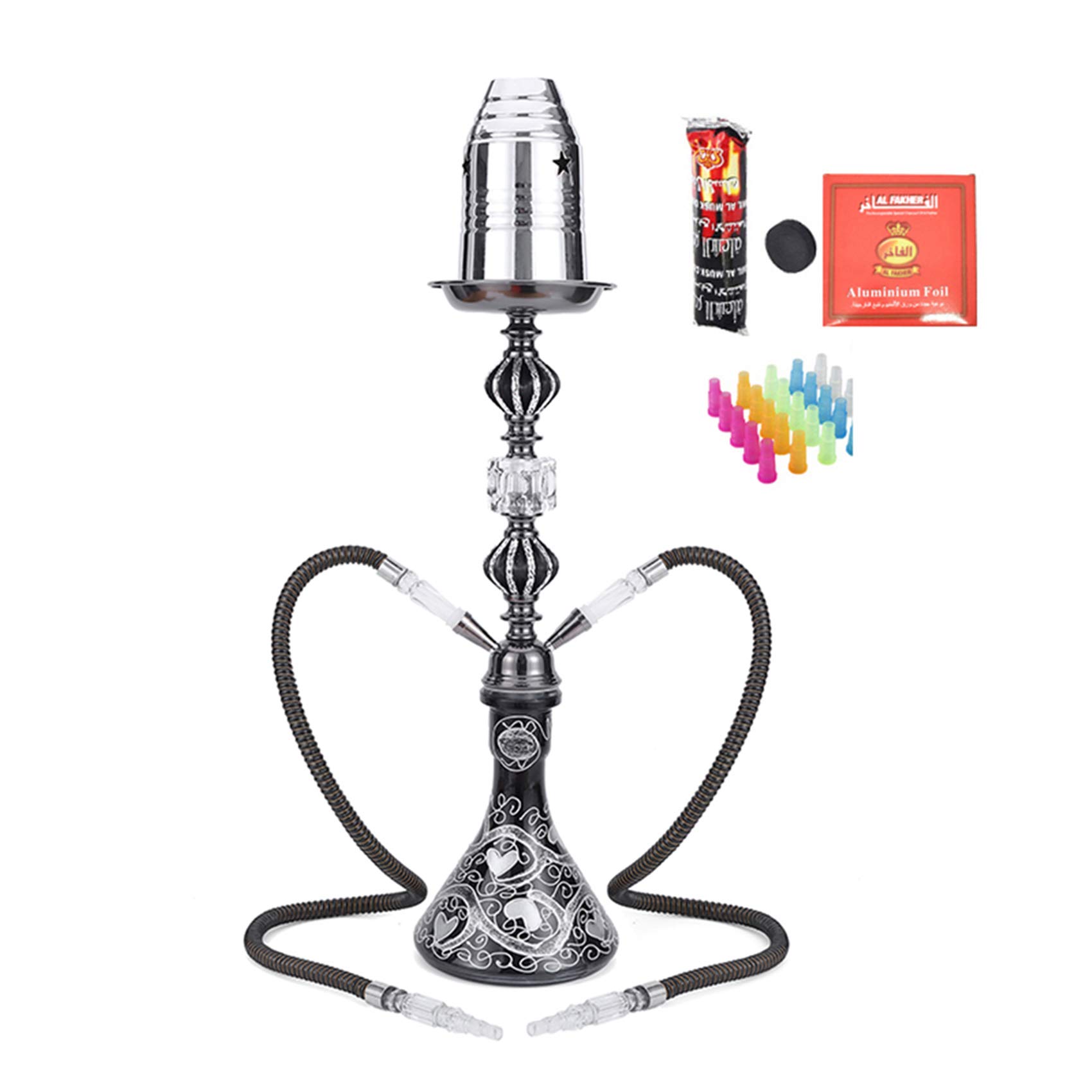 Cachimba Shisha Hookah Set, con Jarrón de Vidrio 2 Manguera de Silicona con Boquilla Y Cuenco para el Mejor Juego Completo de Hookahs para Fumar,2 Hose
