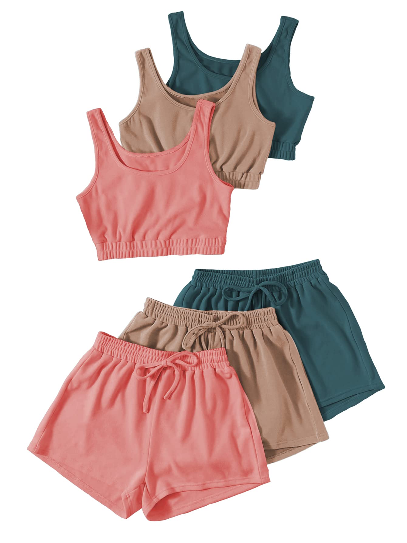 GORGLITTER Women's 6 Pieces Going Out Outfits Cute Crop Tank Top and Shorts Sets Summer Vacation Beach Cruise Clothes: X-Large Blue Brown Pink