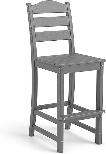 Tangkula Taburete de bar de polietileno de alta densidad para patio, silla de bar alta para exteriores con respaldo y reposapiés, silla de madera y