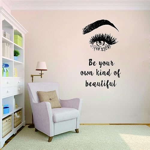 Miniatura 8 de Calcomanía de pared de pestañas y maquillaje, con texto en inglés «Be Your Own Kind of Beautiful Quote», adhesivo de vinilo extraíble para salón de