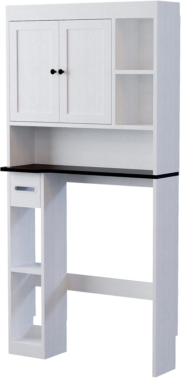 Over The Toilet Storage Cabinet with 7 Shelves, Imitation Walnut Grain Above Toilet Bathroom Organizer with Toilet Paper Holder Stand, Space Saver for Restroom, Bathroom, Laundry (White) - Image 9
