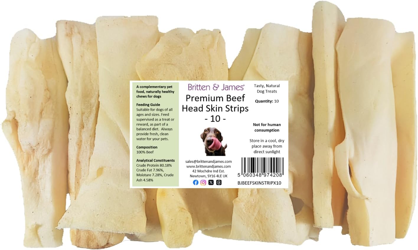 10 Premium Large Beef Head Skin Strips for Dogs by Britten and James