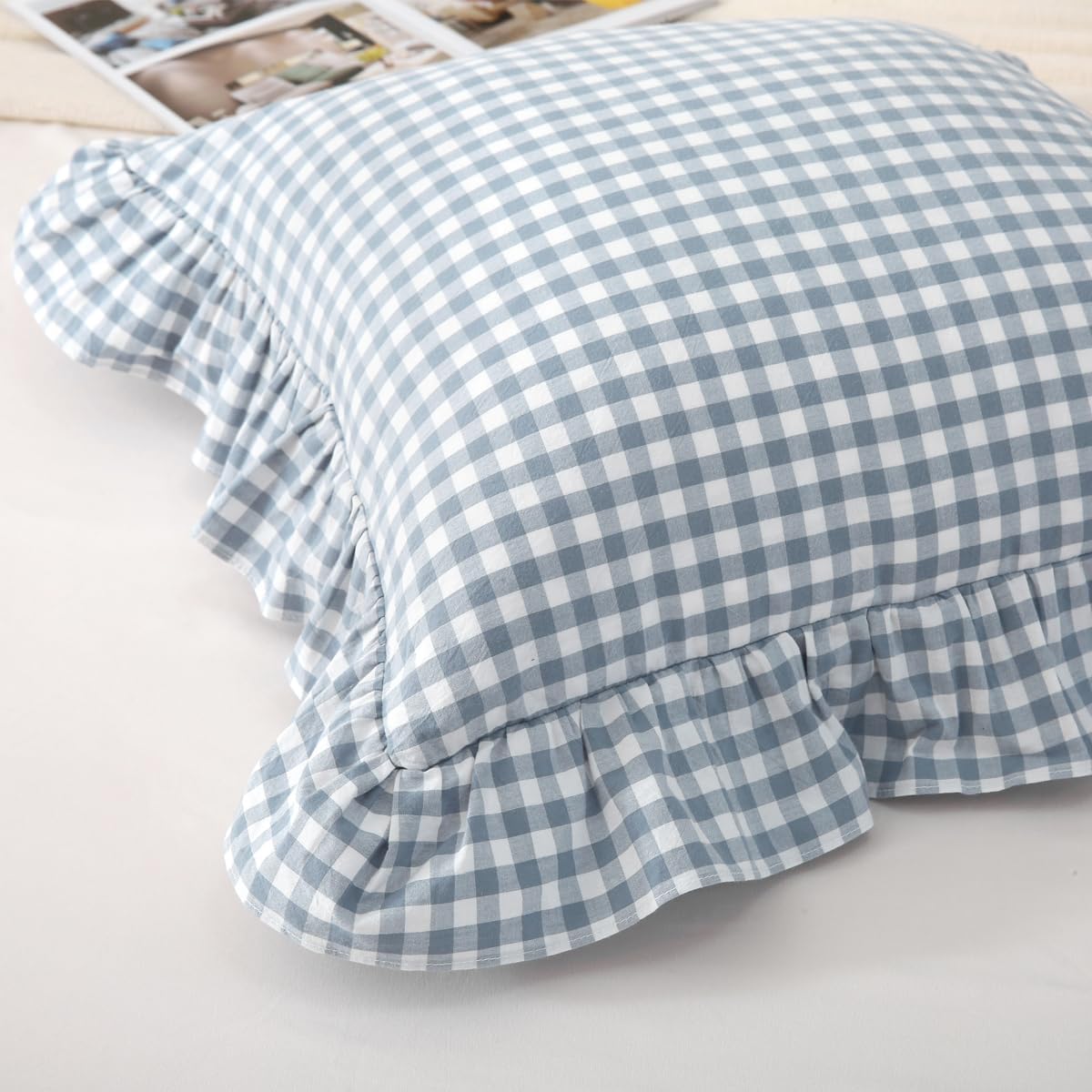 Silnuo Dusty Blue Plaid Ruffle Throw Pillow Covers Set of 2,Washed Cotton Shabby Checkered Gingham Pillow Shams Decorative Shams for Sofa,Couch,Liviing Room-20"x20"