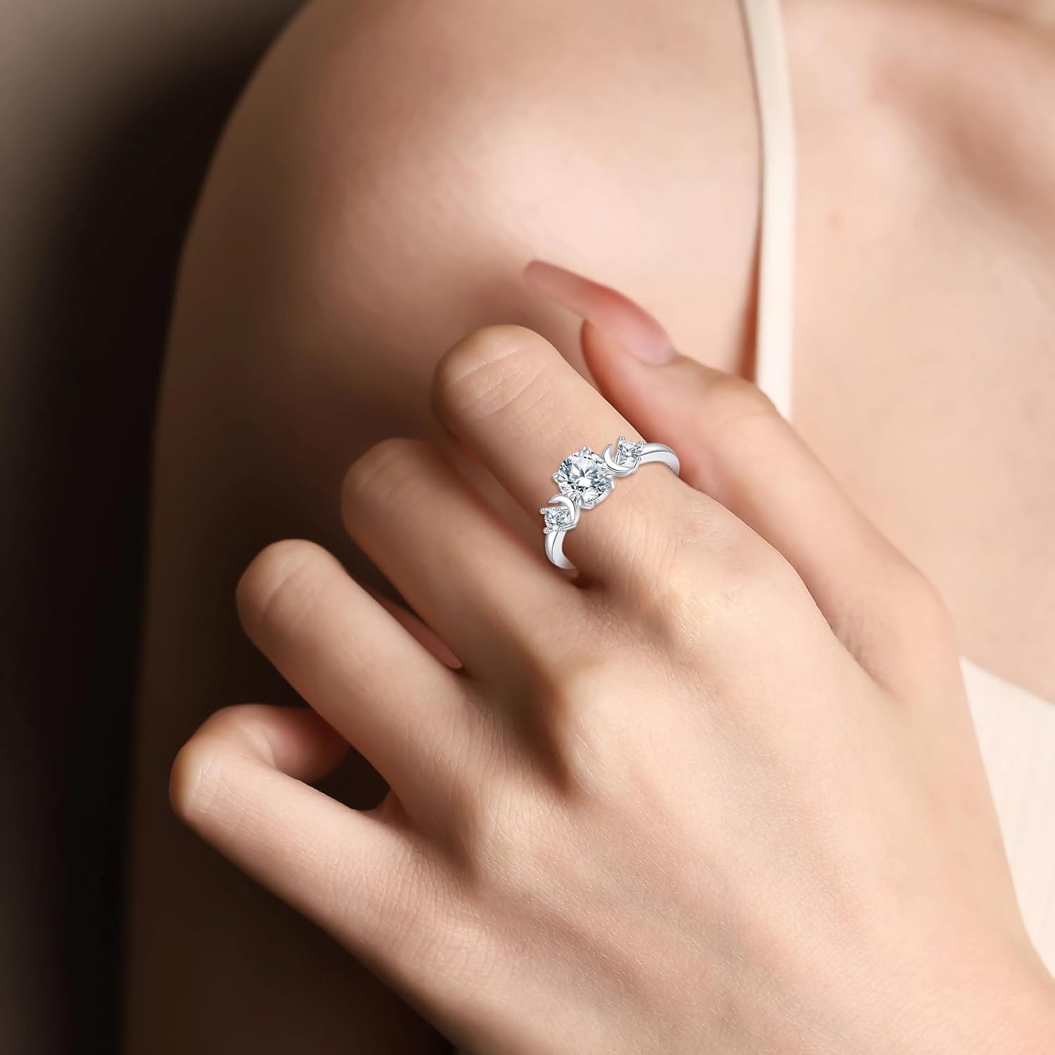 Moissanite Triple Moon Ring 925 Sterling Silver 1ct Lab Created Diamond Finger Ring Jewelry Gifts for Women