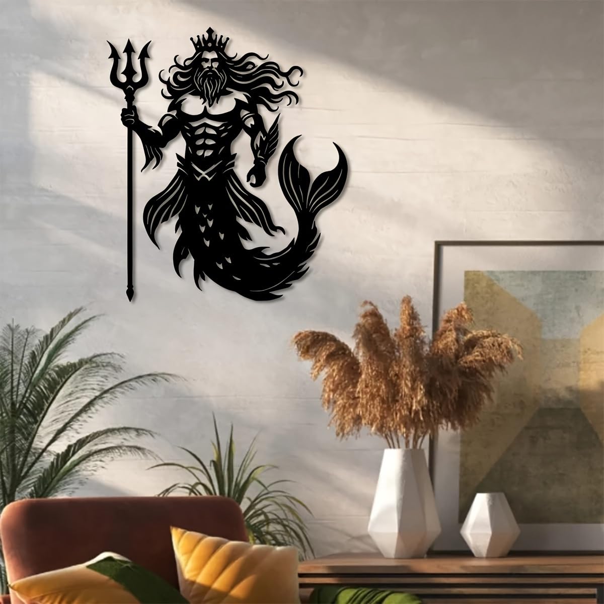 Decoración de pared abstracta contemporánea de metal, arte del Rey Tritón - 35 x 40 cm, estilo costero de hierro con tridente de Poseidón, escultura náutica mitológica para casa de playa, sala d