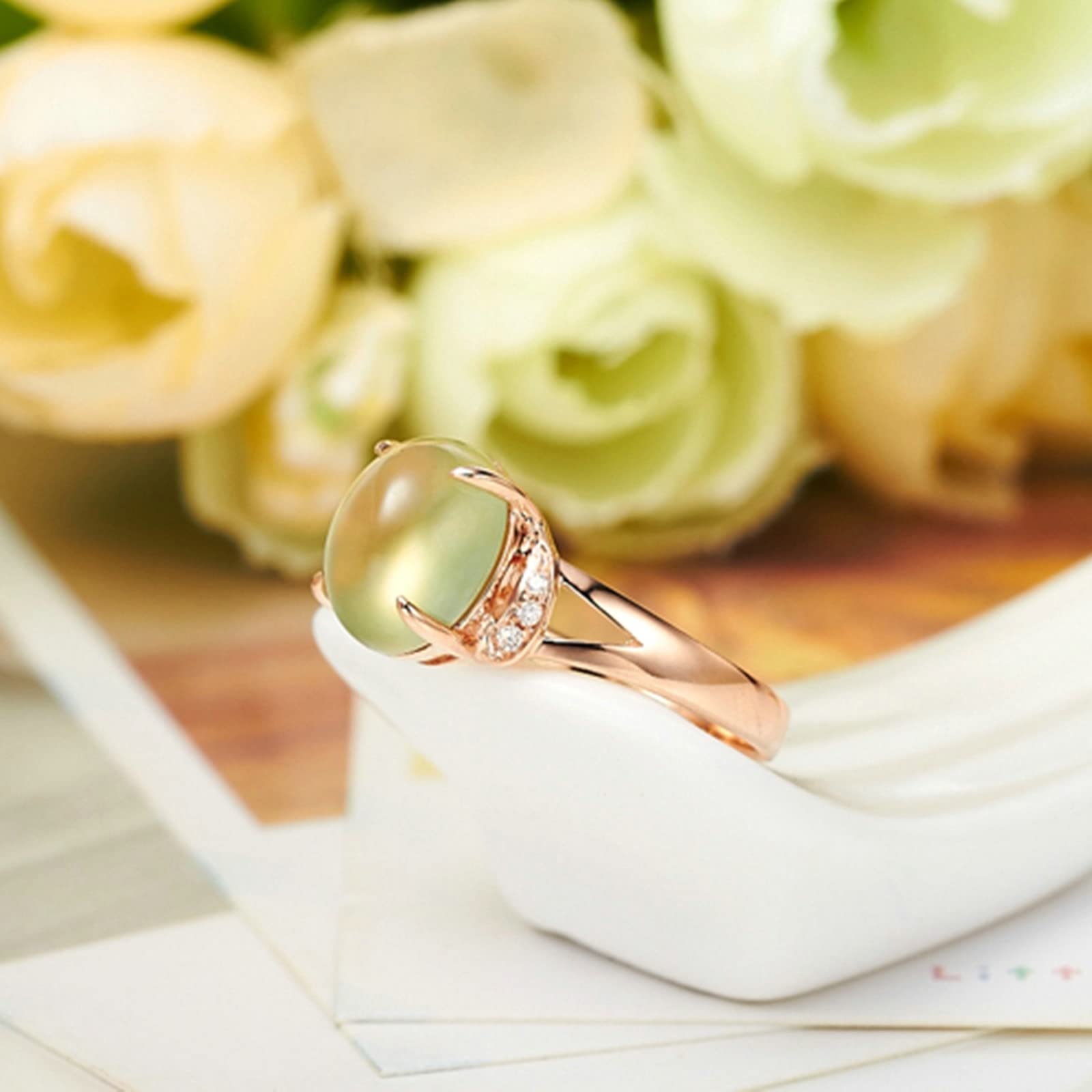 Anillo de oro rosa de 18 quilates, anillos gruesos de prehnita verde de 4 puntas, anillos ovalados de prehnita, regalo de propuesta de joyería para mujeres