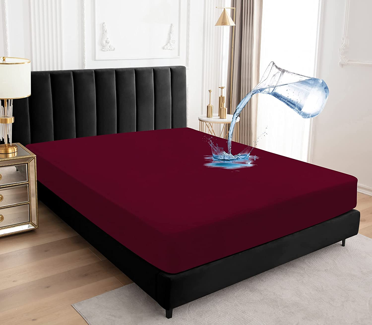 Waterproof Mattress Protector Mattress Cover Microfiber Bed Sheet Polyester Dust Proof Washable Solid Color Fitted Sheet (Wine Red,Small Double (120x190cm))