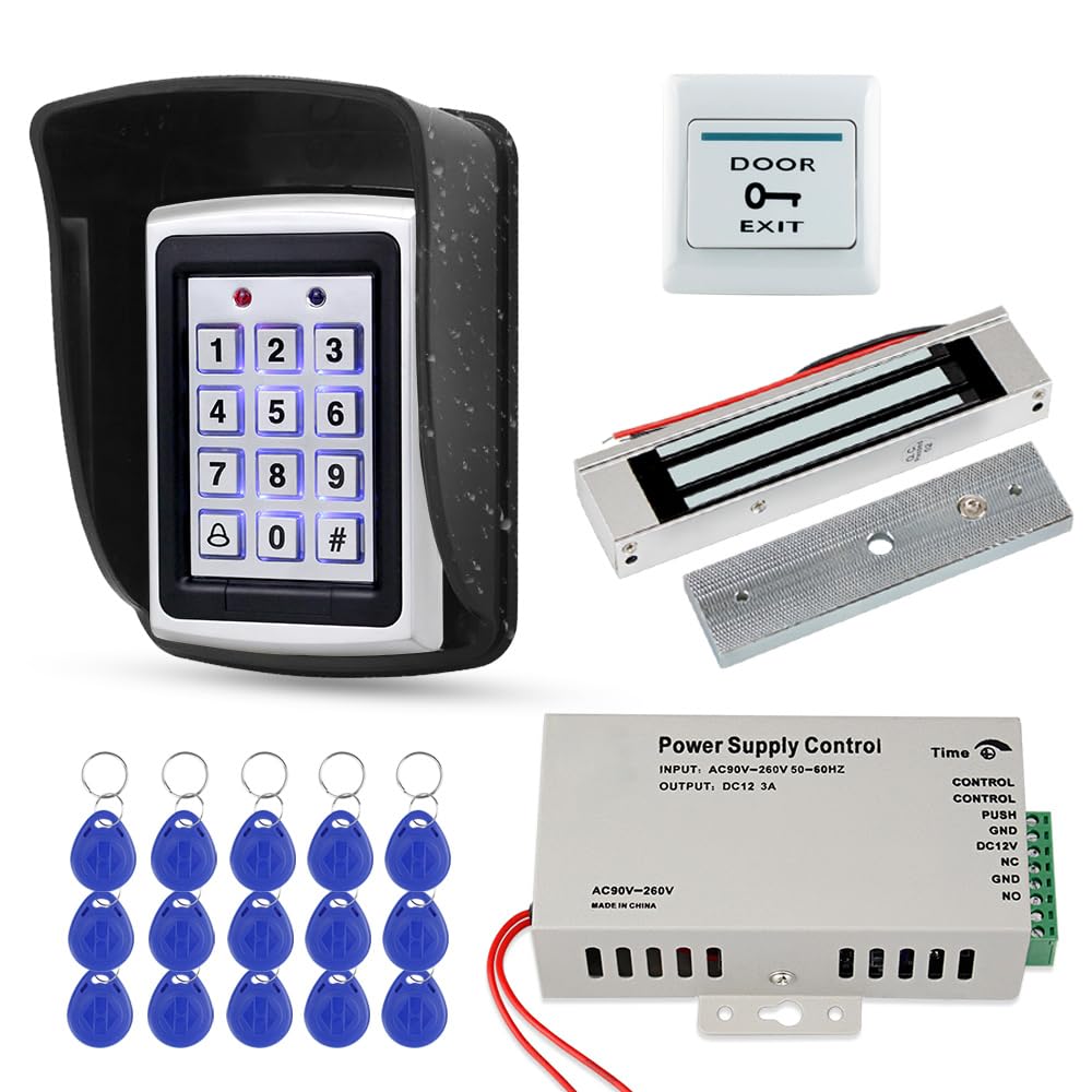 FST RFID-Türzugangskontrollsystem wasserdichte RFID-Tastatur für den Außenbereich + 180KG Elektrisches Magnetschloss + Regenschutz + 15-teilige Schlüsselkarten für zu Hause