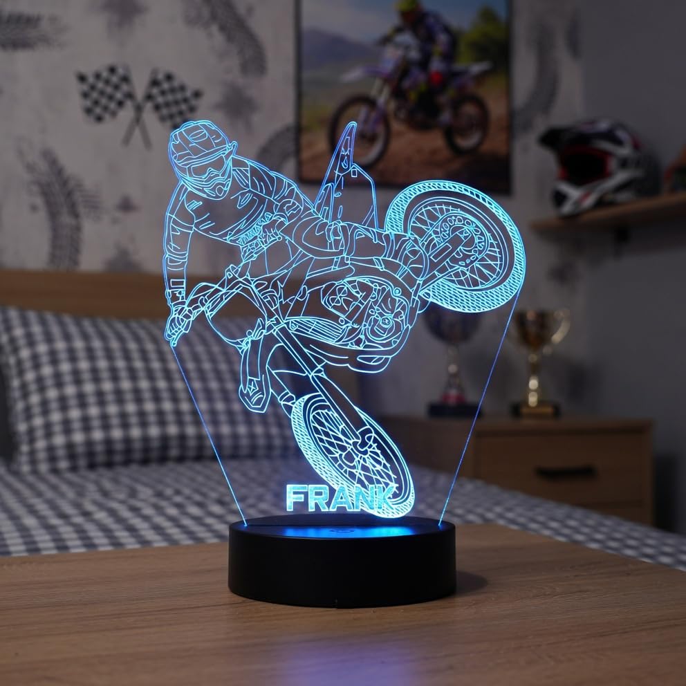 Motocross Biker Night Light for Kids, Personalised Motorbike Nightlight, 16 Colour LED Light Base with Remote + USB Lead, Motorsport Gift, Sports Gift