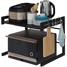 Microwave Storage Rack, Expandable Height Adjustable Microwave Rack, 2 Tier Kitchen Counter Rack, Storage Cabinet with 3 Hooks Save Space