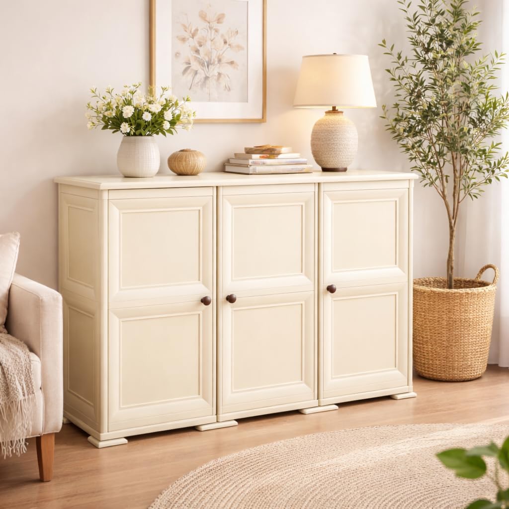 Armadio in Plastica 118 x 43 x 85.5 cm con 3 Ante e Finitura Effetto Legno – Mobile Contenitore Multiuso per Salotto, Balcone Coperto e Organizzazione Casa (Angora)