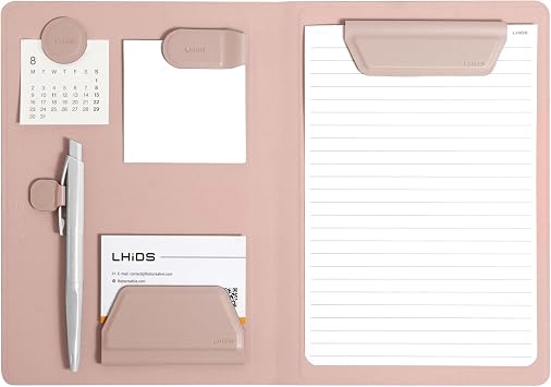 LHiDS Creative Magnetic Business Portfolio Lite Resume Padfolio Organizer with Clipboard, Paper Clip, Writing Pad, Pen/Card Holder, Magnetic Closure for Work, School and More Rose Pink, A5