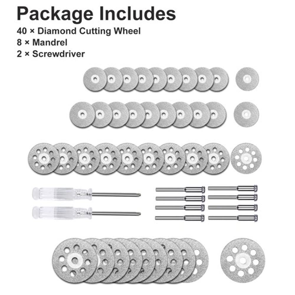 40Pcs Diamond Cutting Wheel Kit 545 Cut Off Discs Coated for Rotary Tools with 8 Pcs 3mm Mandrel and 2 Pcs Cross Crystal Screwdriver for Cutting Gem Stones, Ceramics, Glass (25/22/18/16mm Each 10Pcs)