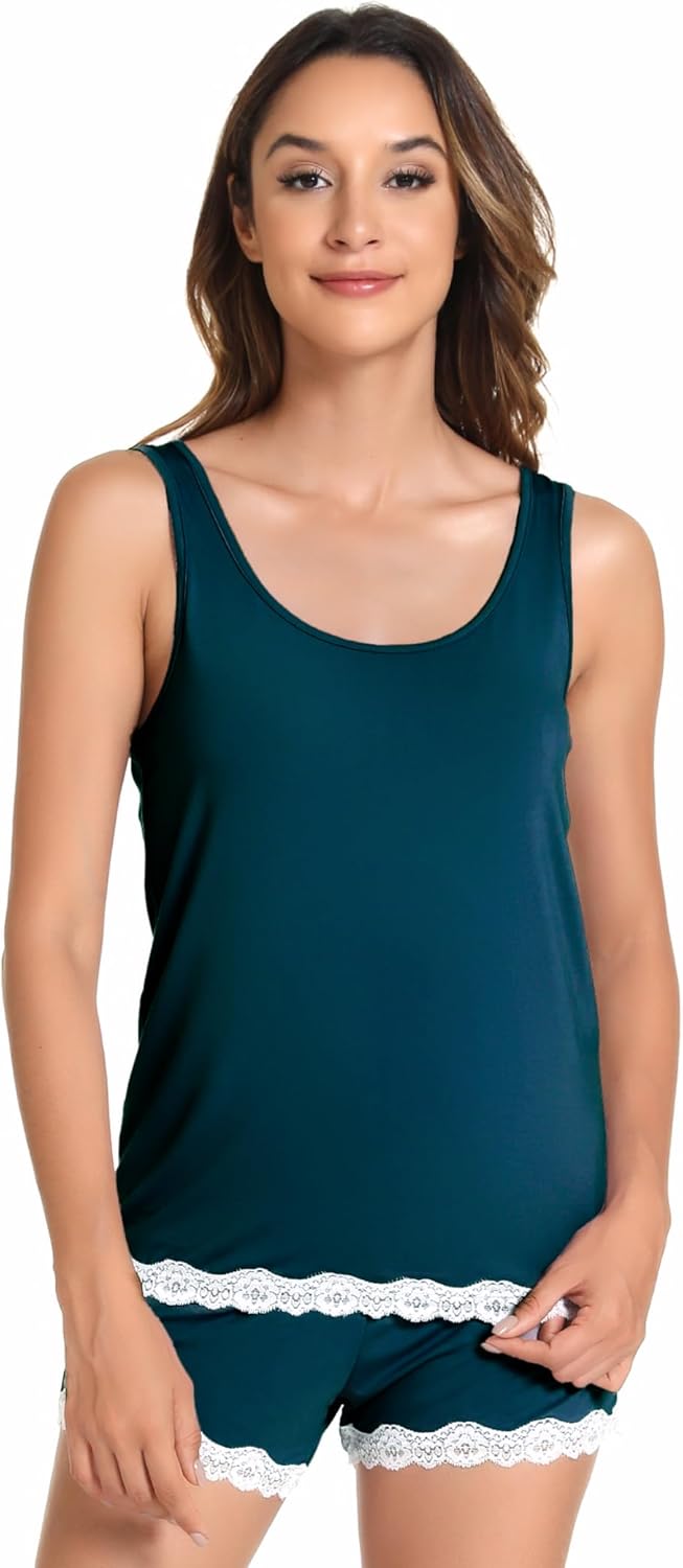 GYS Bamboo Viscose Pajamas for Women, Ultra Soft Summer Tank Top and Shorts Sleepwear Set with Lace Trim