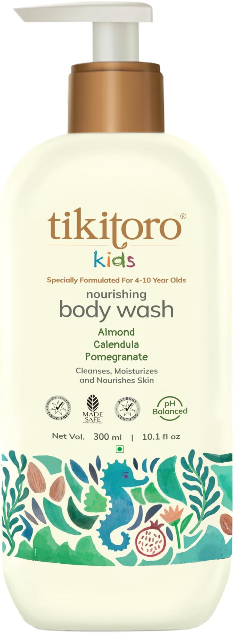 Tikitoro Kids Nourishing Body Wash | Pediatrician Approved | Vegan | Cleanses, Moisturizes & Nourishes Skin | Almond, Calendula, Pomegranate Extract | No Parabens & Sulphates, Age 4+ years (300ml)