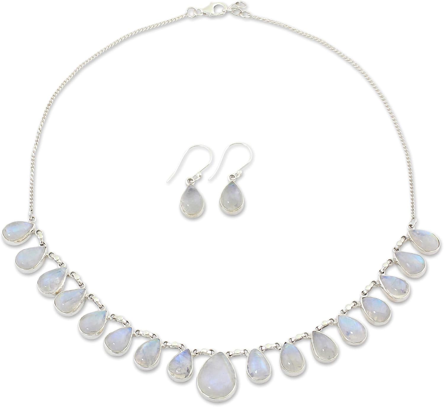 NOVICA Artisan Handmade Rainbow Moonstone Jewelry Set Necklace Earrings India [necklace Length 17 in min L x 17.75 in max L 1 mm W Pendant(s) 8.25 in L x 0.7 in W x 0.2 in D Earrings 1.2 in L x 0.3 ]