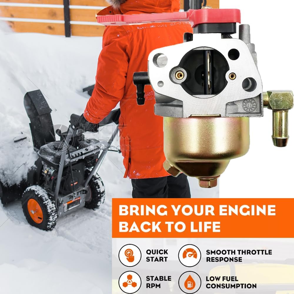 A new carburetor superimposed over a person operating a snow thrower in a snowy environment, illustrating the product's application.